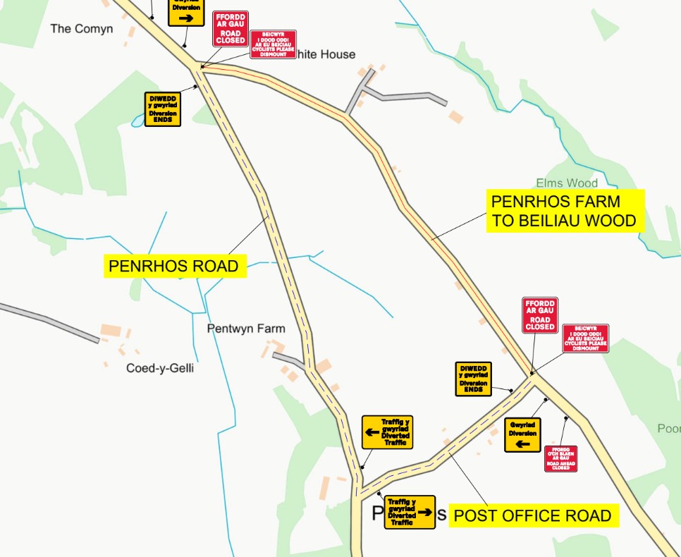 Road closure in Penrhos