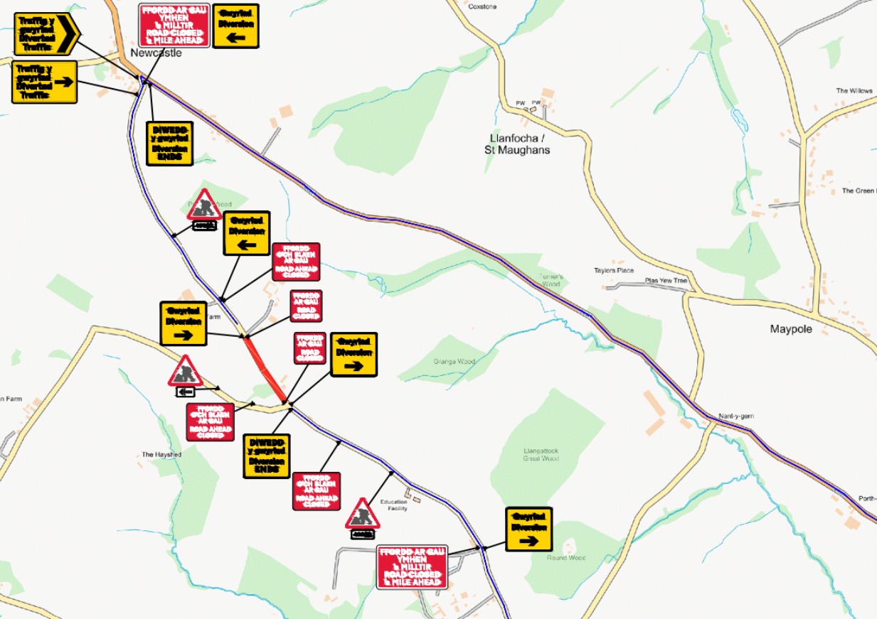 Road closure in Newcastle - Llangattock Vibon Avel