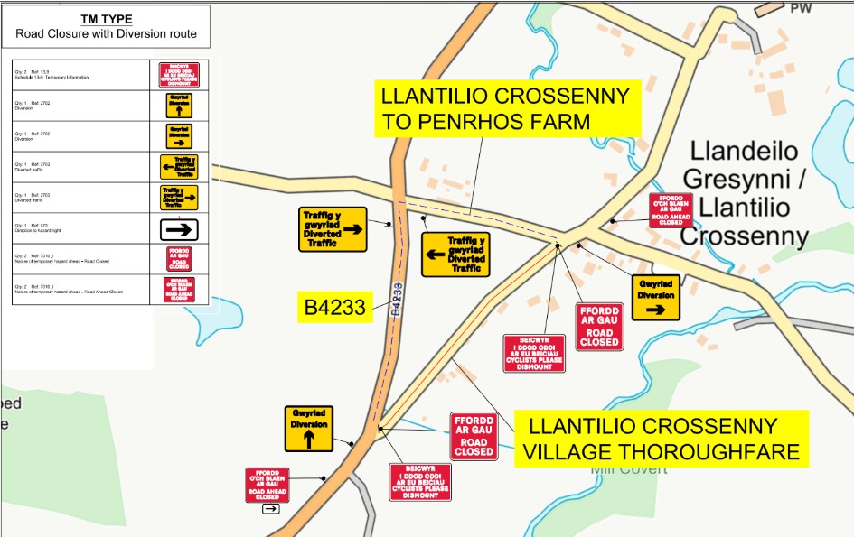 Road Closure in Llantilio Crossenny village