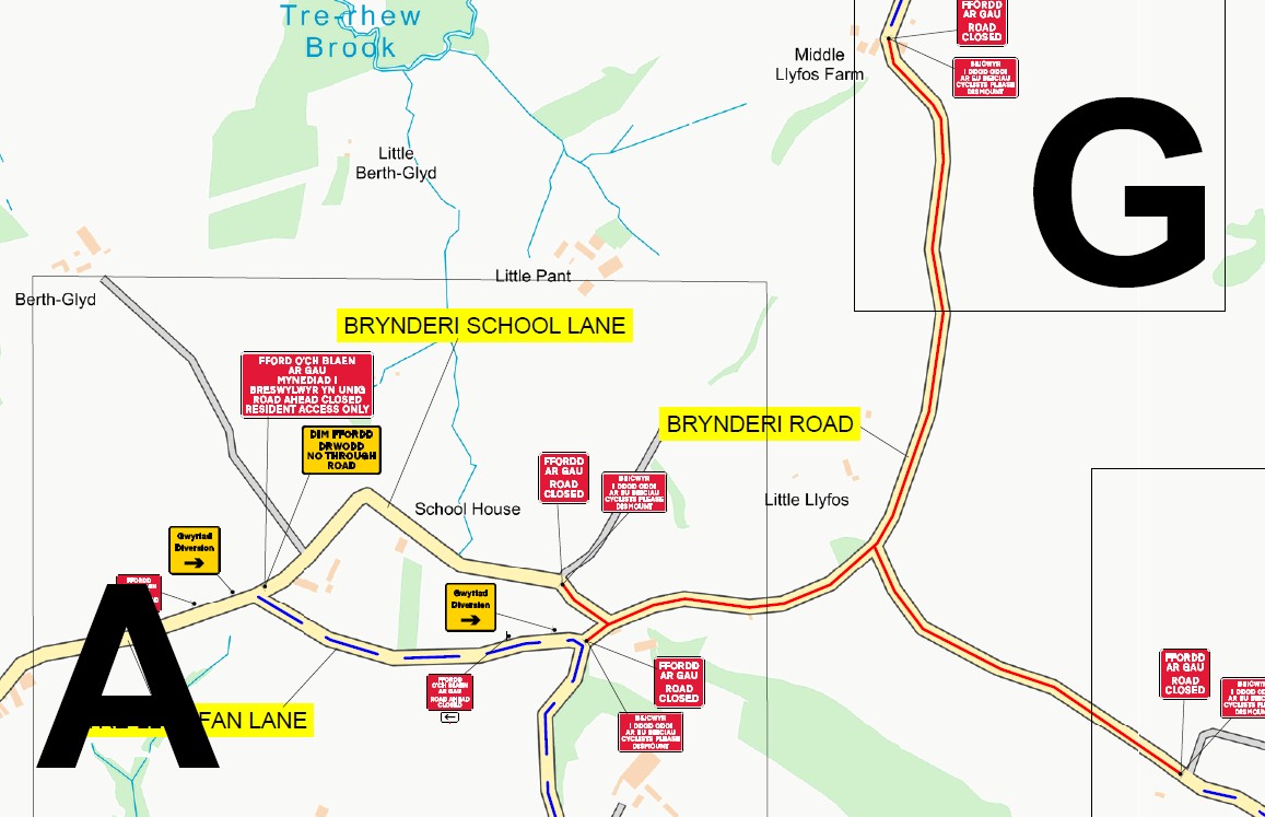 Road closure in Brynderi
